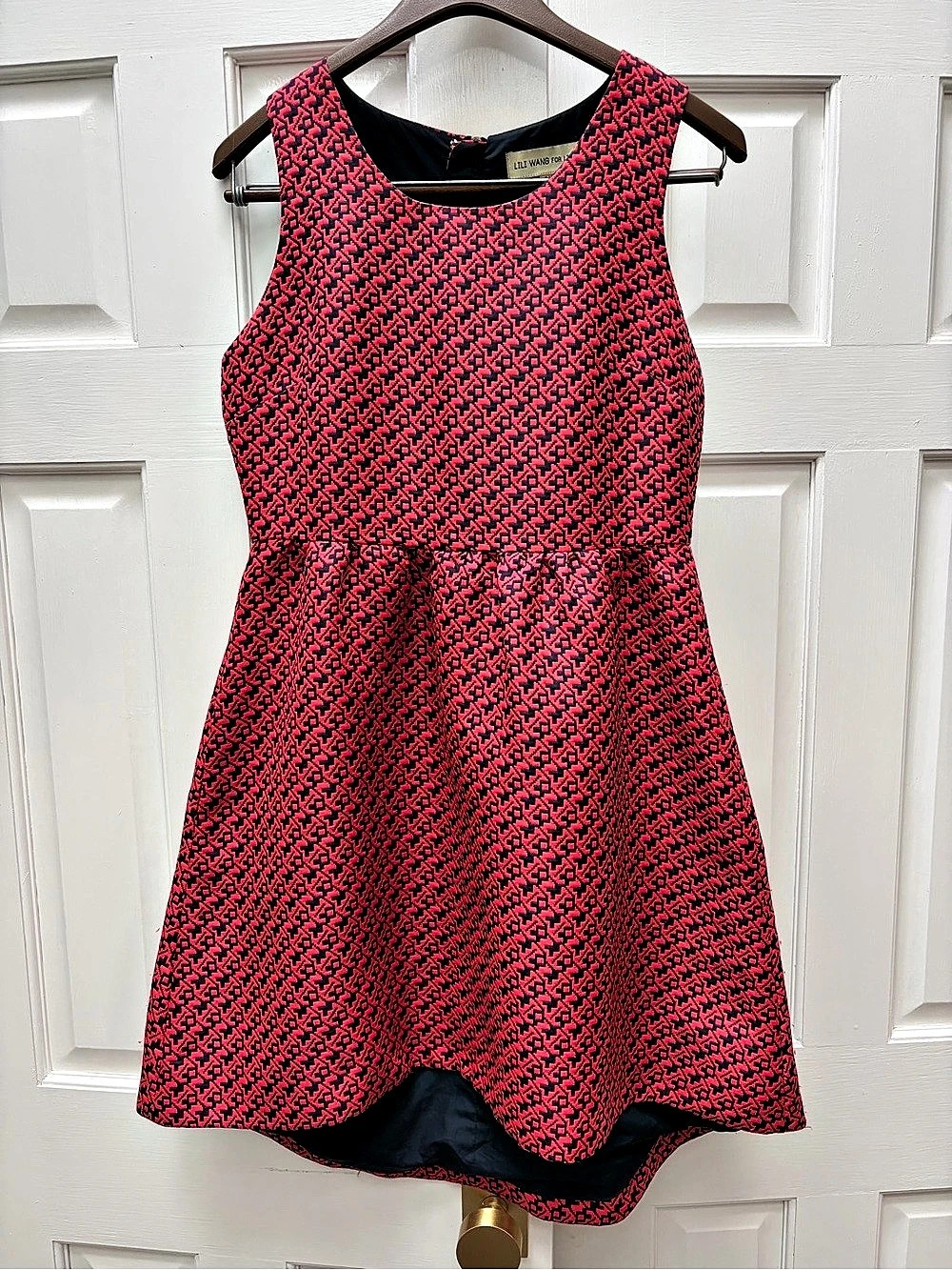 Anthropologie Lili Wang Women’s Size 8P Red Blue Geometric Jacquard Hi Lo Dress